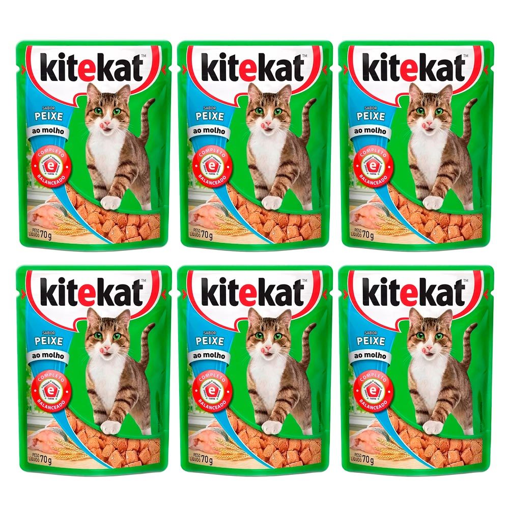 Kit 6 Ração Úmida para Gatos KiteKat Adulto Sabor Peixe ao Molho em Sachê 70g