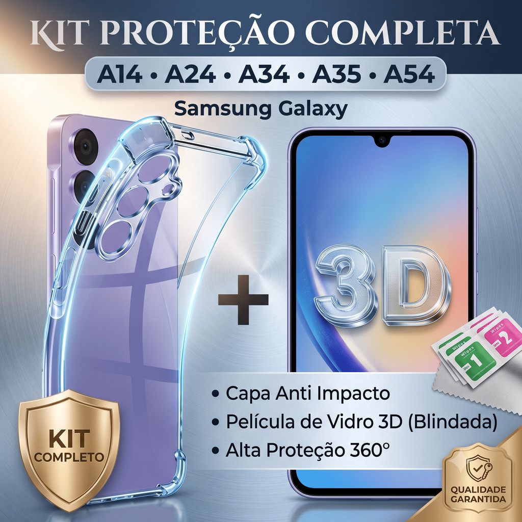 Kit Completo Samsung Galaxy A14 A15 A34 A35 A54 A55 M54 Capa Anti Impacto + Película 3D