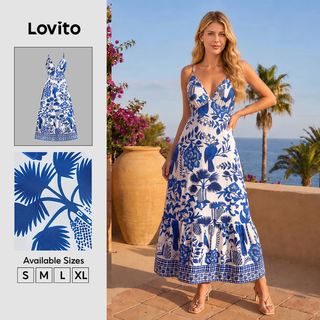 Lovito Férias Vestido de Festa Estilo Resort Solto Praia Amplo Primavera/Verão Azul Branco LK2LD367