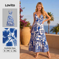 Lovito Floral Férias Vestido de Festa Estilo Resort Solto Praia Amplo Primavera/Verão Azul Branco LK2LD367