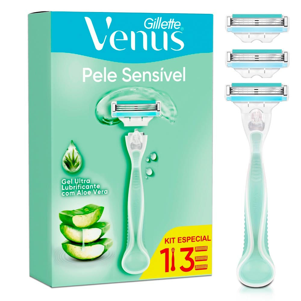 Aparelho de Depilar Gillette Venus Pele Sensível com Aloe Vera 1 Cabo e 3 Cargas Refis