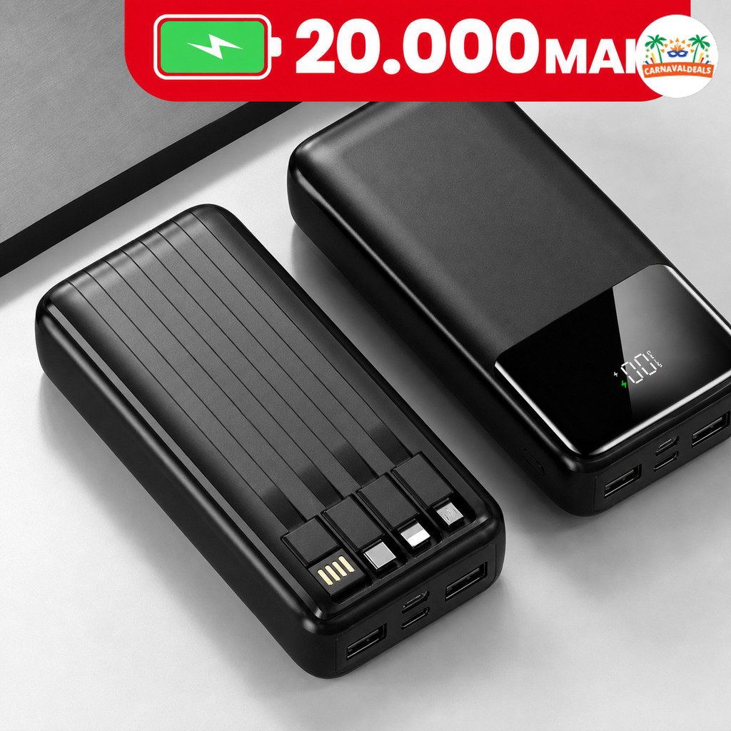 Power Bank 20000mAh com Visor Digital: Carregamento Ultra-Rápido e 4 Portas USB, Carregador Portátil