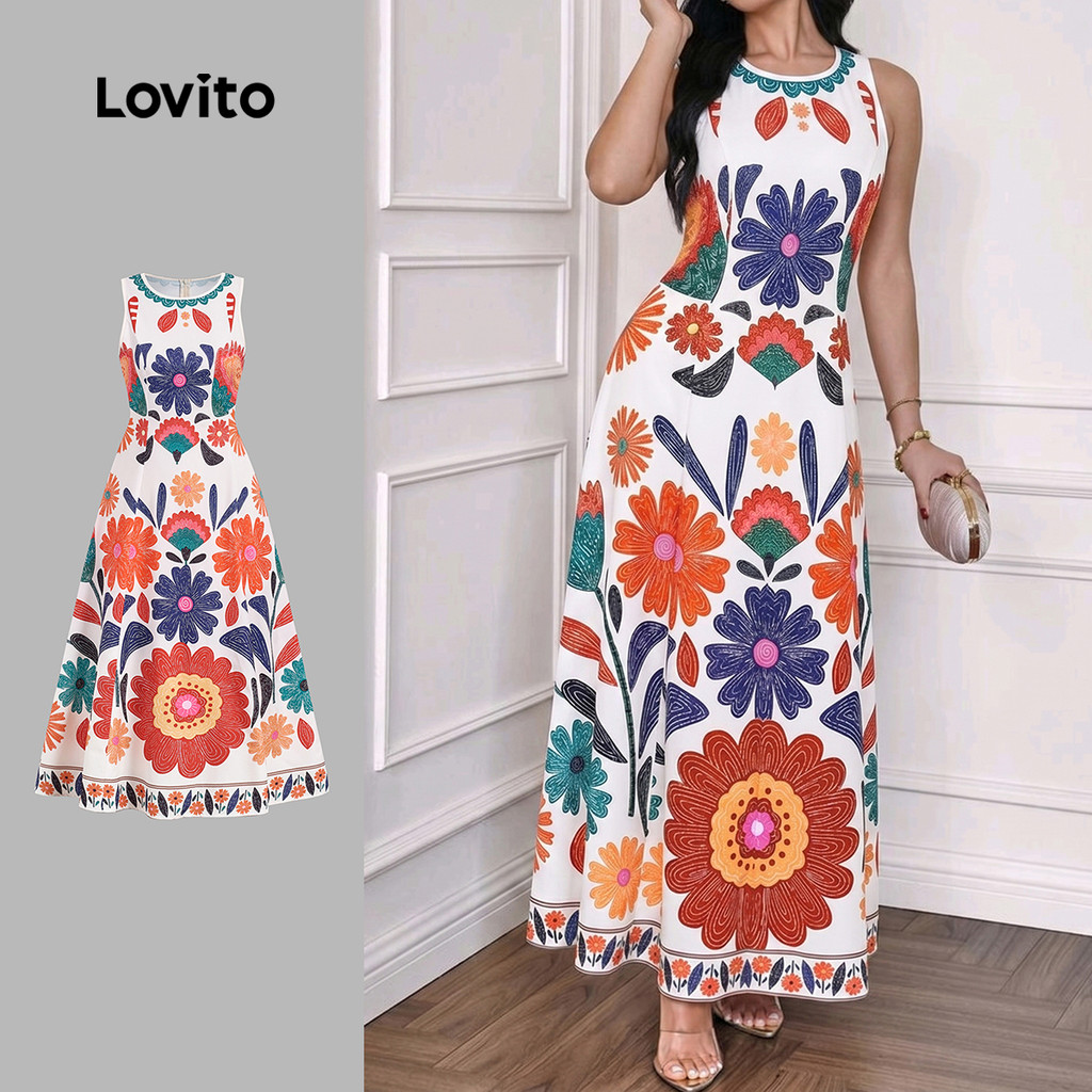 (New Arrival) Lovito Padrão de Vestido Boho Zíper Vestido Primavera/verão para mulheres LBL37040