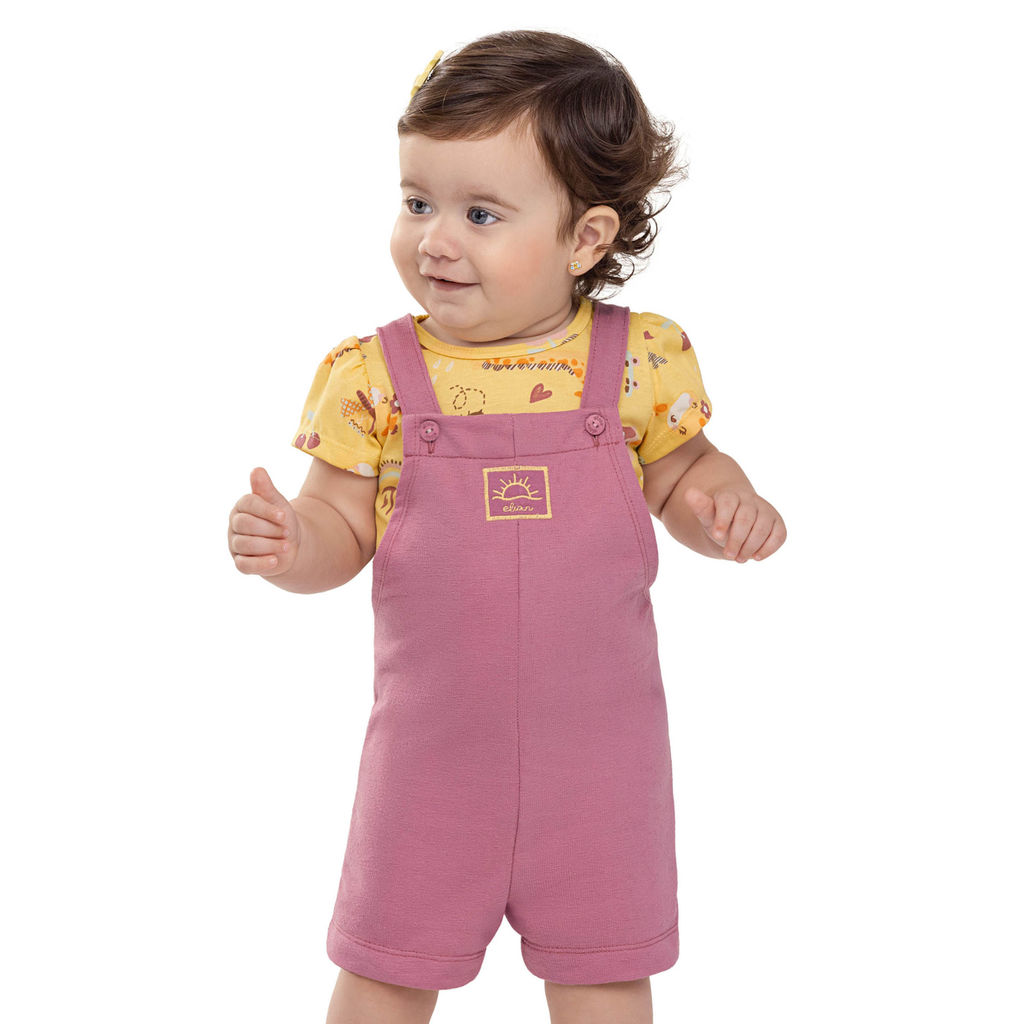 Conjunto Bebê Menina Jardineira Bordada Elian Amarelo