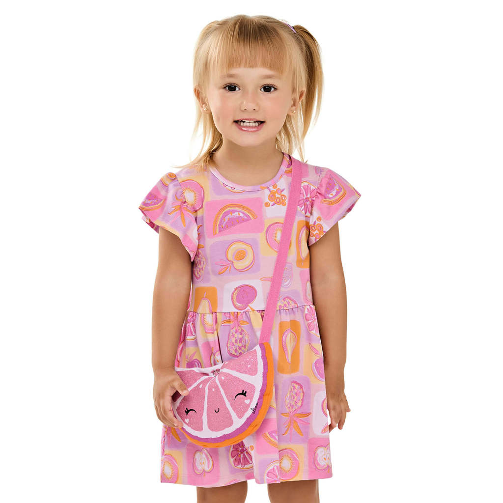 Vestido Infantil Menina Frutinhas Com Bolsa Elian Rosa