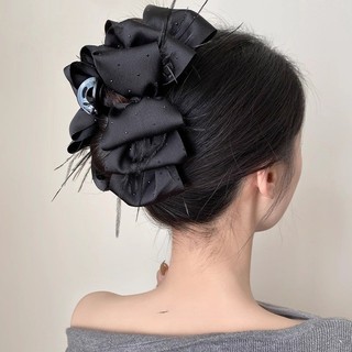Presilha de Cabelo Luxuosa com Diamantes Pretos Brilhantes e Pena, Estilo Nuvem Plissada, para Penteados Femininos na Pa