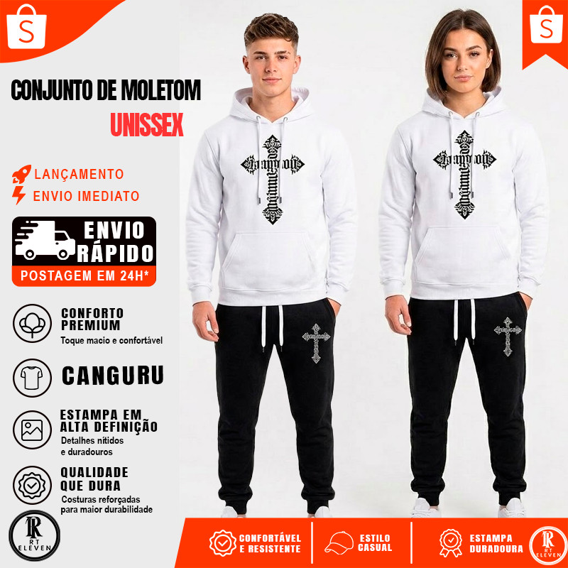 Conjunto Moletom crucifixo tribal Fé  Moda Cristã Casaco Blusa De Frio + Calça  moleton canguru com bolso e capuz