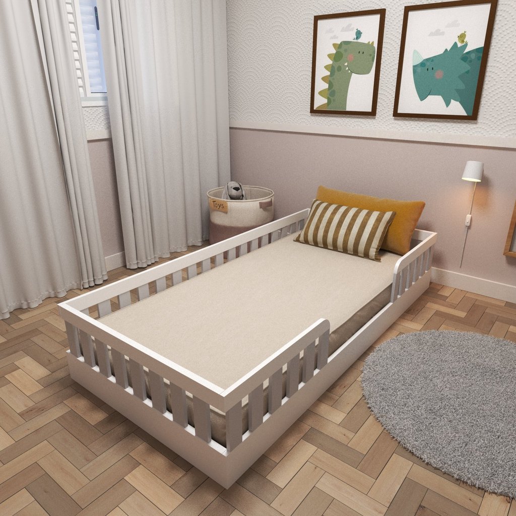 Cama Infantil Montessoriana Solteiro Sol Cinza/Branco/Cristal Branco/Cinza Cristal