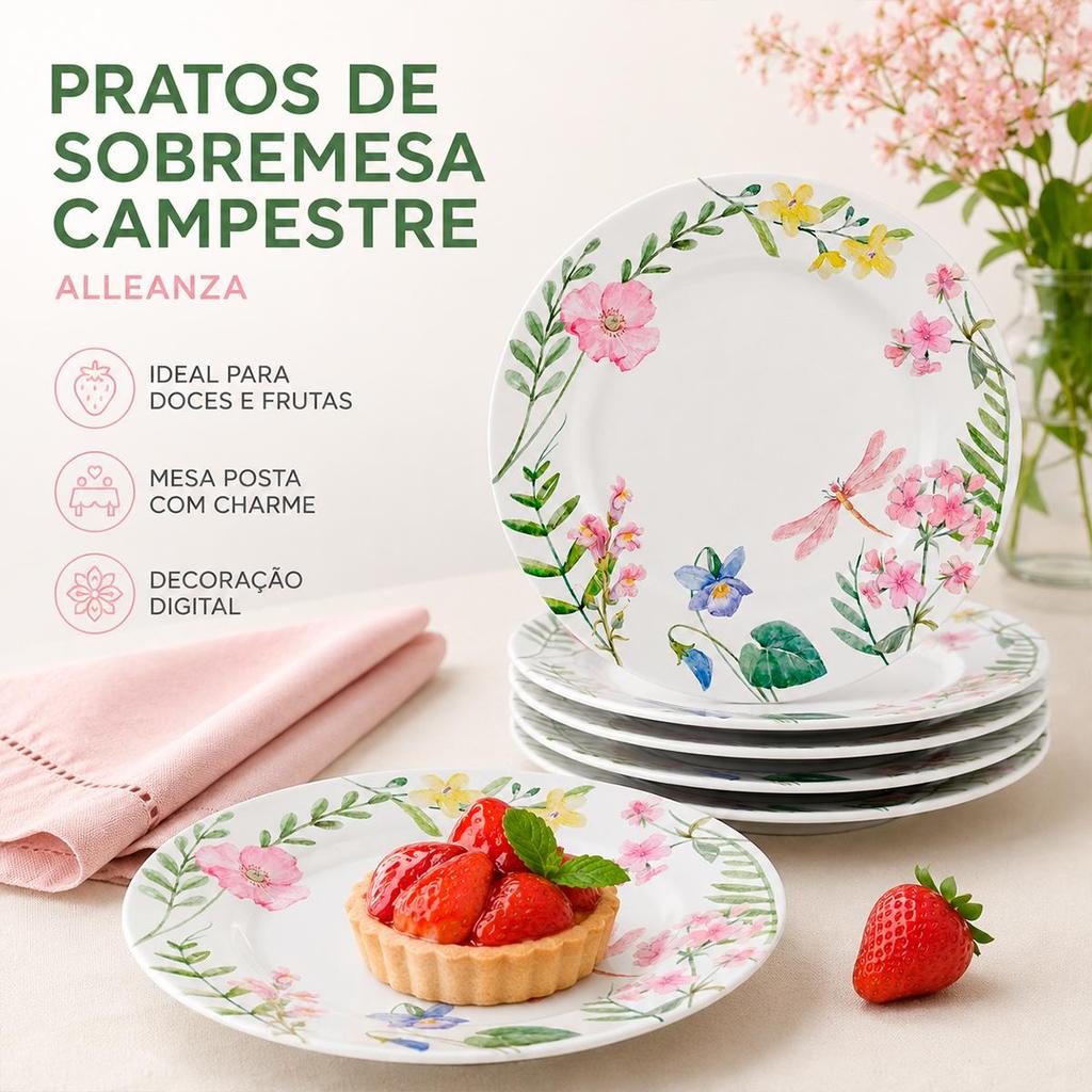 Jogo 6 Pratos de Sobremesa Campestre de Cerâmica 20,5cm Para Bolos, Doces e Frutas - Alleanza