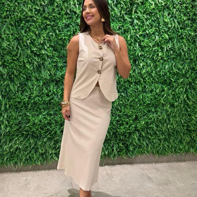 Conjunto Feminino Viscolinho Linho Misto Saia Midi e Colete Alfaiataria Elegante - Conjunto Heloisa