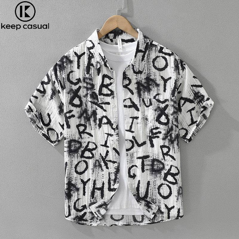 {Mantenha} Verão luz luxo na moda carta impressa camisa de manga curta masculina moda Street Wear All-Match Casual solto