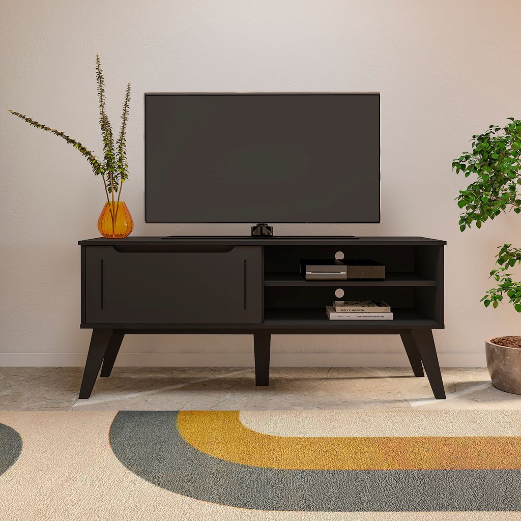 Rack para TV até 55 Polegadas MDF 134cm 1 Porta 2 Nicho Lotus Verona Artely Preto Preto
