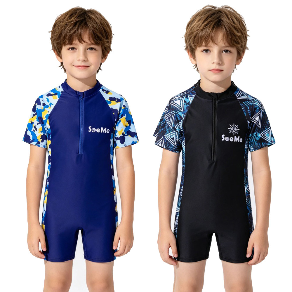 Criança Meninos Roupa De Banho 3 4 5 6 7 8 9 10 Anos 2026 Zip Praia Surf SPF50 + Maiô De Uma Peça Com Shorts Mangas Azul