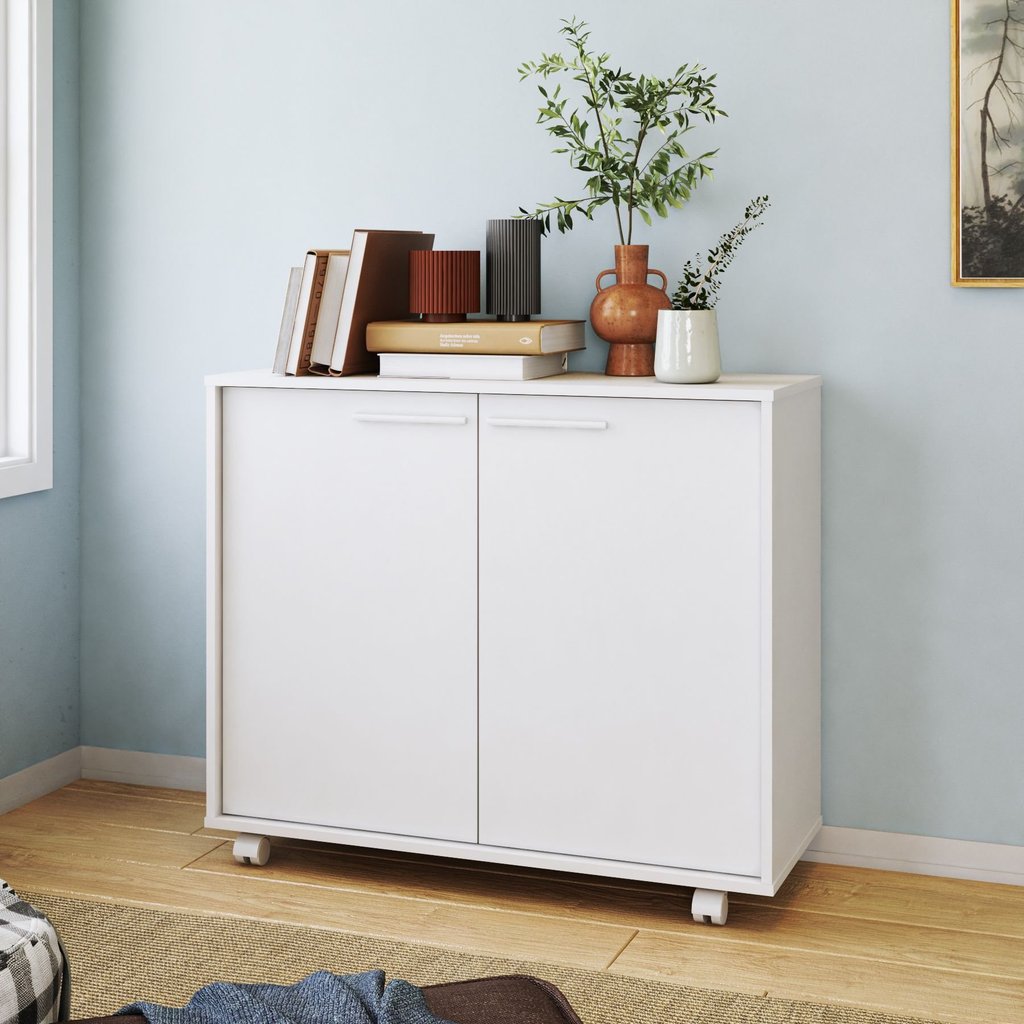 Balcão Multiuso 2 Portas 1 Prateleira com Rodízios Branco Branco