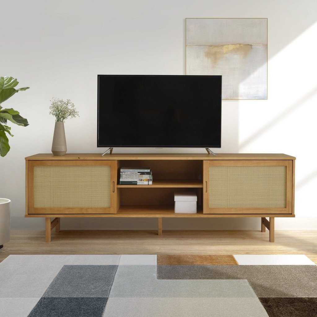 Rack para TV até 85 Polegadas Madeira Maciça 190cm Pés em Madeira Maciça Rattan CabeCasa MadeiraOriginals Bege Porta