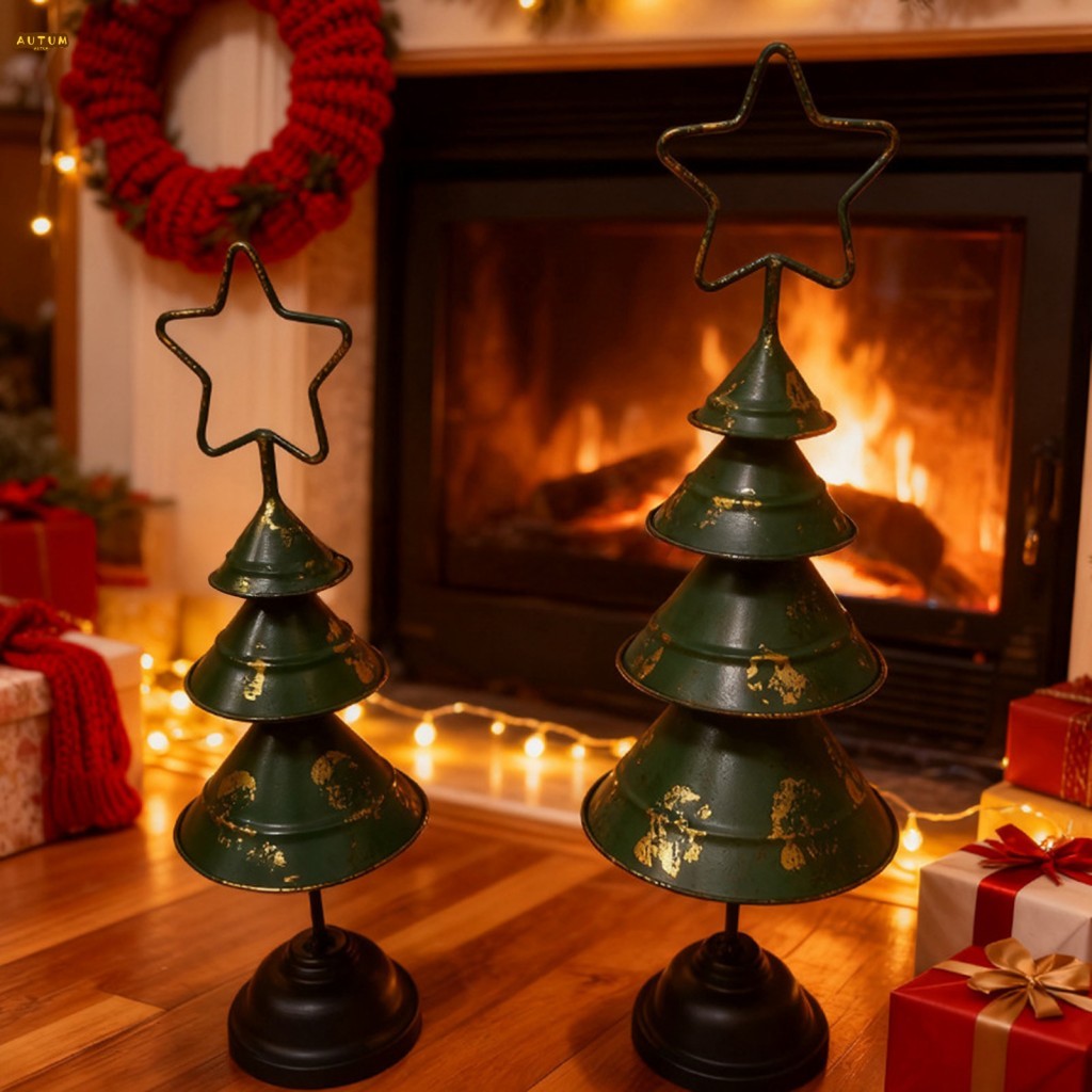 Enfeites De Mesa De Árvore De Natal De Ferro Estilo Vintage Com Topo De Estrela Destaque Dourado Acabamento Verde Fosco