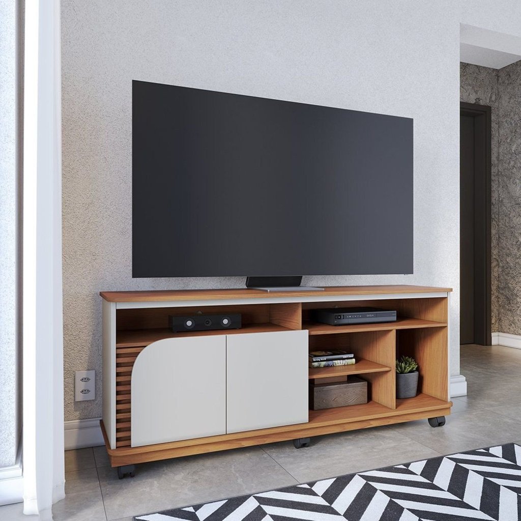 Rack Ripado para TV até 65 Polegadas 150cm Rodízio 2 Portas Jurere Marrom Freijó/Off White Matte