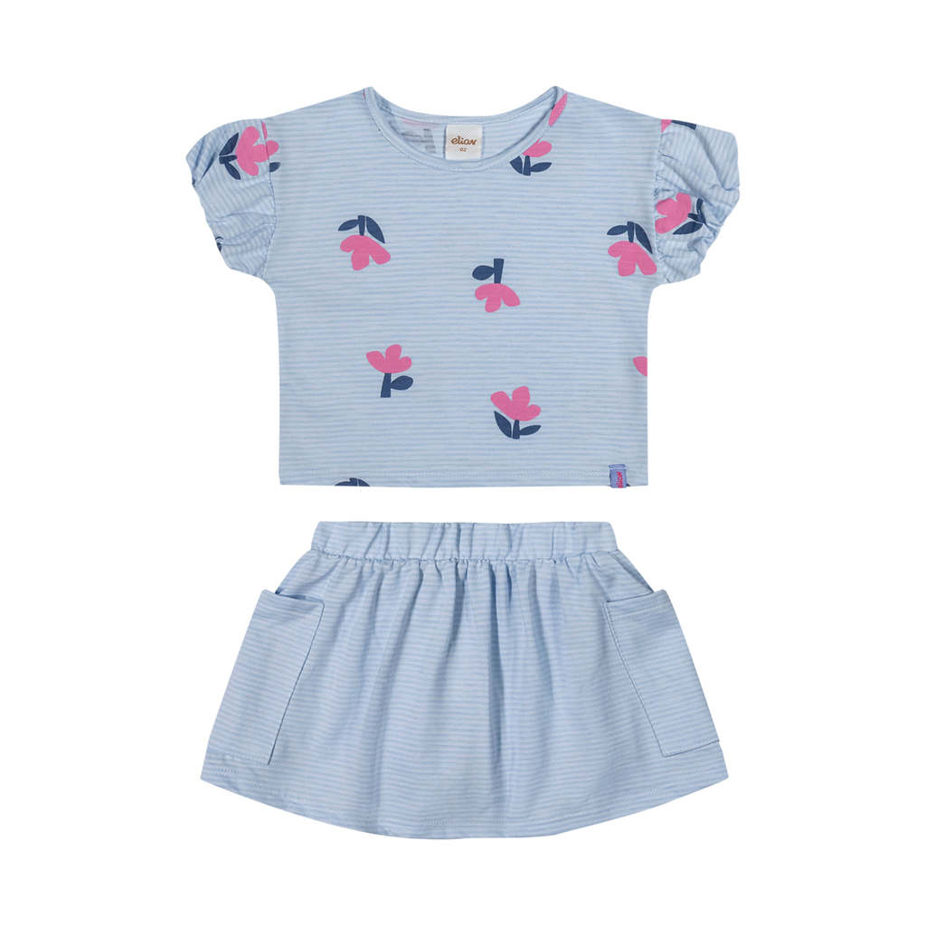 Conjunto Infantil Menina Manga Balonê Elian Azul