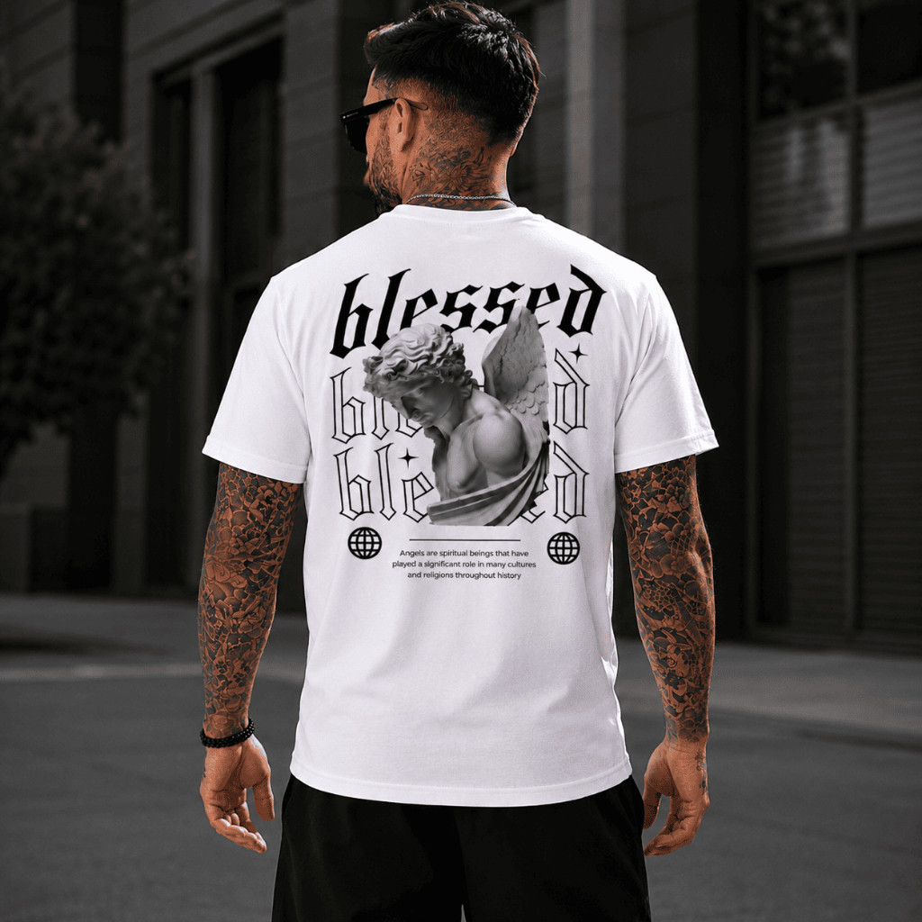 Camiseta Masculina Estampada Anjo Blessed - Algodão Premium Rua Estilosa Moda Masculina