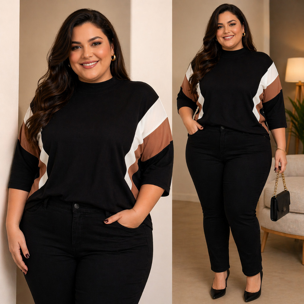 Blusa Feminina Plus Size Manga Inverno Estilosa Gola Alta
