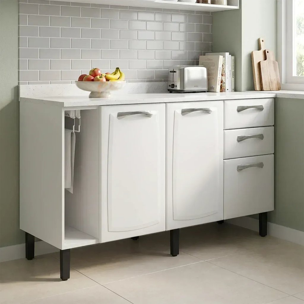 Balcão de Cozinha em Aço 3 Portas e 2 Gavetas com Toalheiro sem Tampo 140cm New Premium Itatiaia Branco