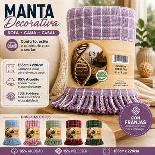 Manta Decorativa Sofá Cama Casal 155x220cm 85% Algodão 15% Poliéster com Franjas Xadrez Diversas Cores