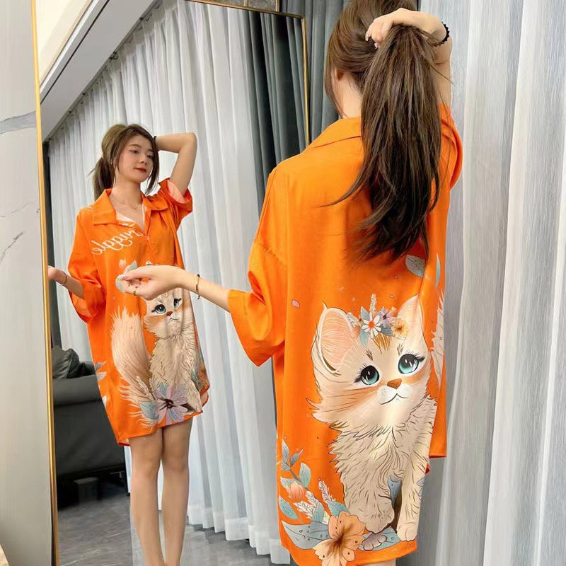 Tamanho grande camisola de seda gelo Anti-suor luz luxo mais magro olhar camisa gola pijamas vestido High-End serviço de