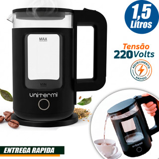Chaleira Térmica 1,5L Elétrica de Vidro Com Desligamento Automático 1100W 220V Unitermi Mali Preta