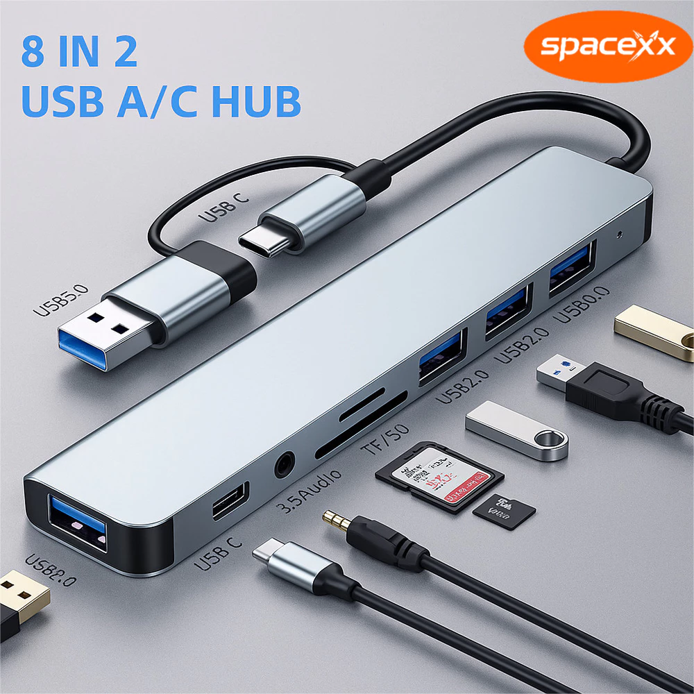 Hub USB Tipo C Extensor 8 em 1 com Adaptador USB Multiportas 3.0 2.0 SD TF-Spacexx