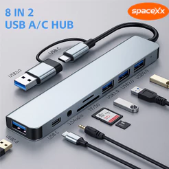 Hub USB Tipo C Extensor 8 em 1 com Adaptador USB Multiportas 3.0 2.0 SD TF-Spacexx