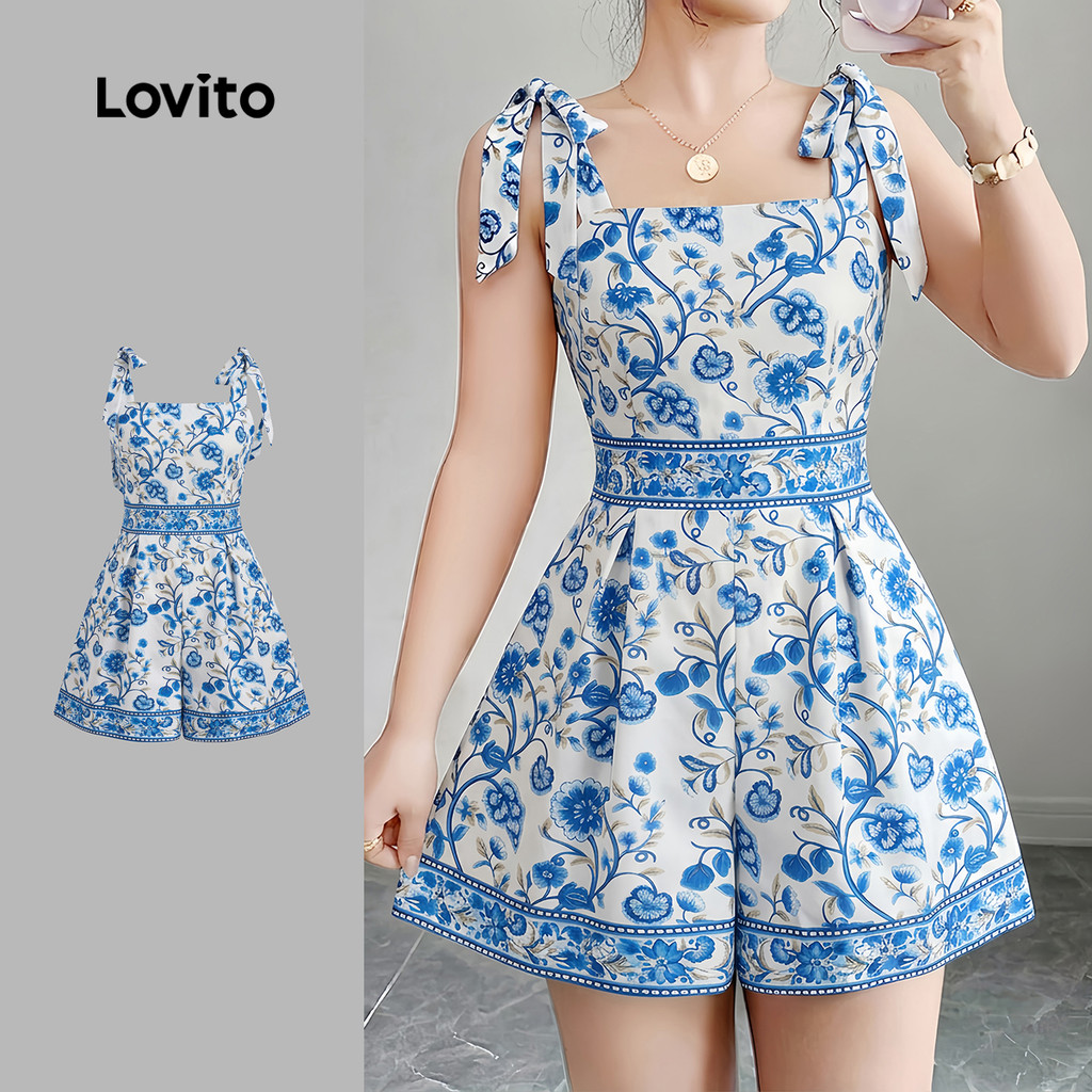 (New Arrival) Lovito Macacão Boho Feminino para Primavera/verão Azul LK7ED401