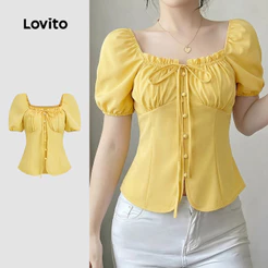 Lovito Blusa Casual Botão Laço Frontal Acabamento Envelope Primavera/verão Blusa Amarela Feminina LK7ED712