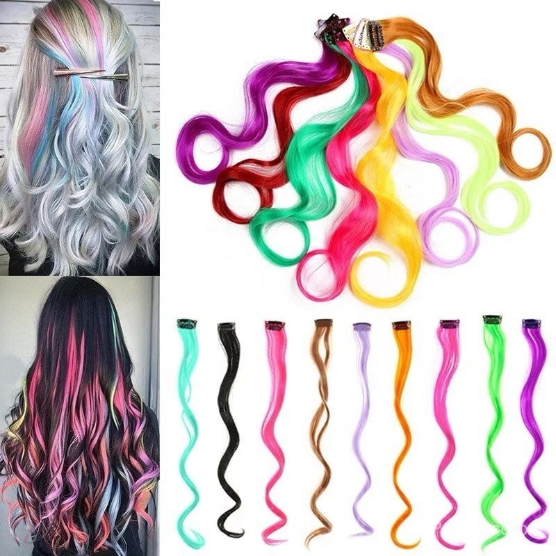 Kit com 3/612 Apliques de Cabelos Ondulados Moda Menina Colorido Mecha sintética de cabelo colorida