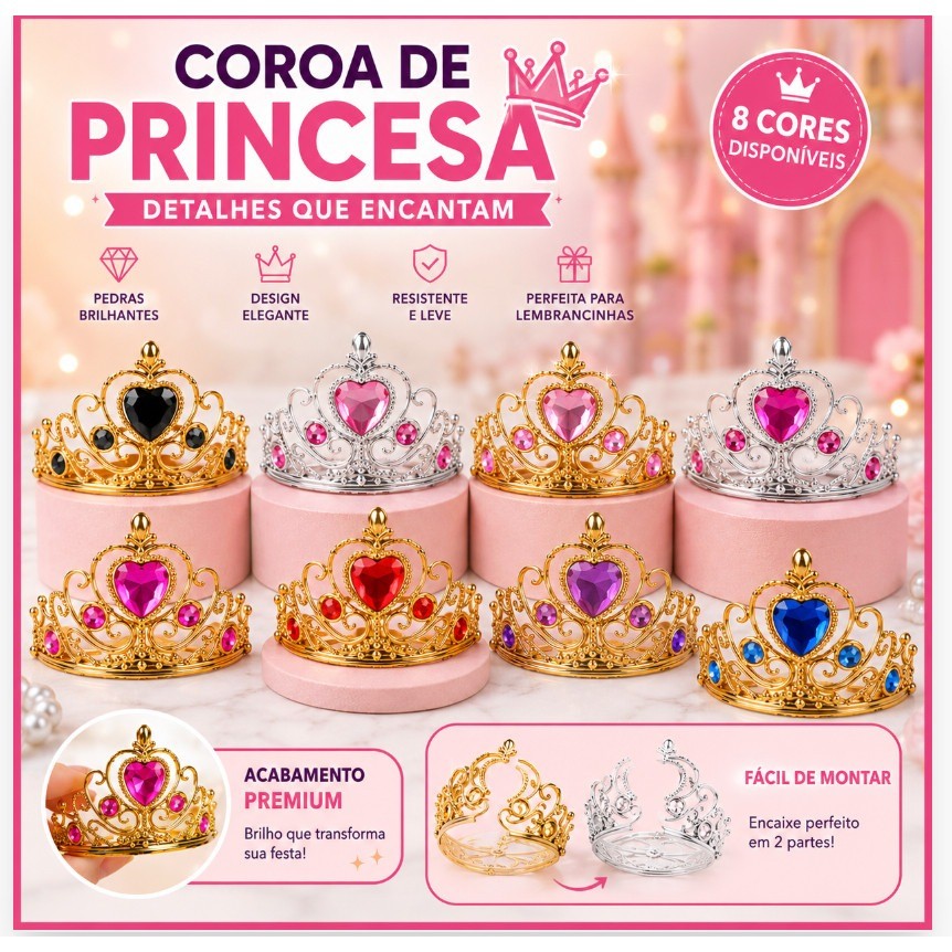 Kit 12 Coroa Princesa Tiara Festa Fantasia Dourado/ Prata infantil aniversário ensaio fotográfico para crianças