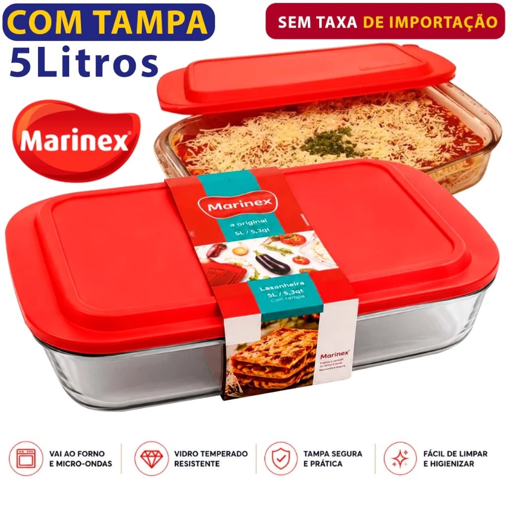 Lasanheira Com Tampa Plástica Marinex 5 Litros - Nadir vidro temperado vai ao forno e micro ondas