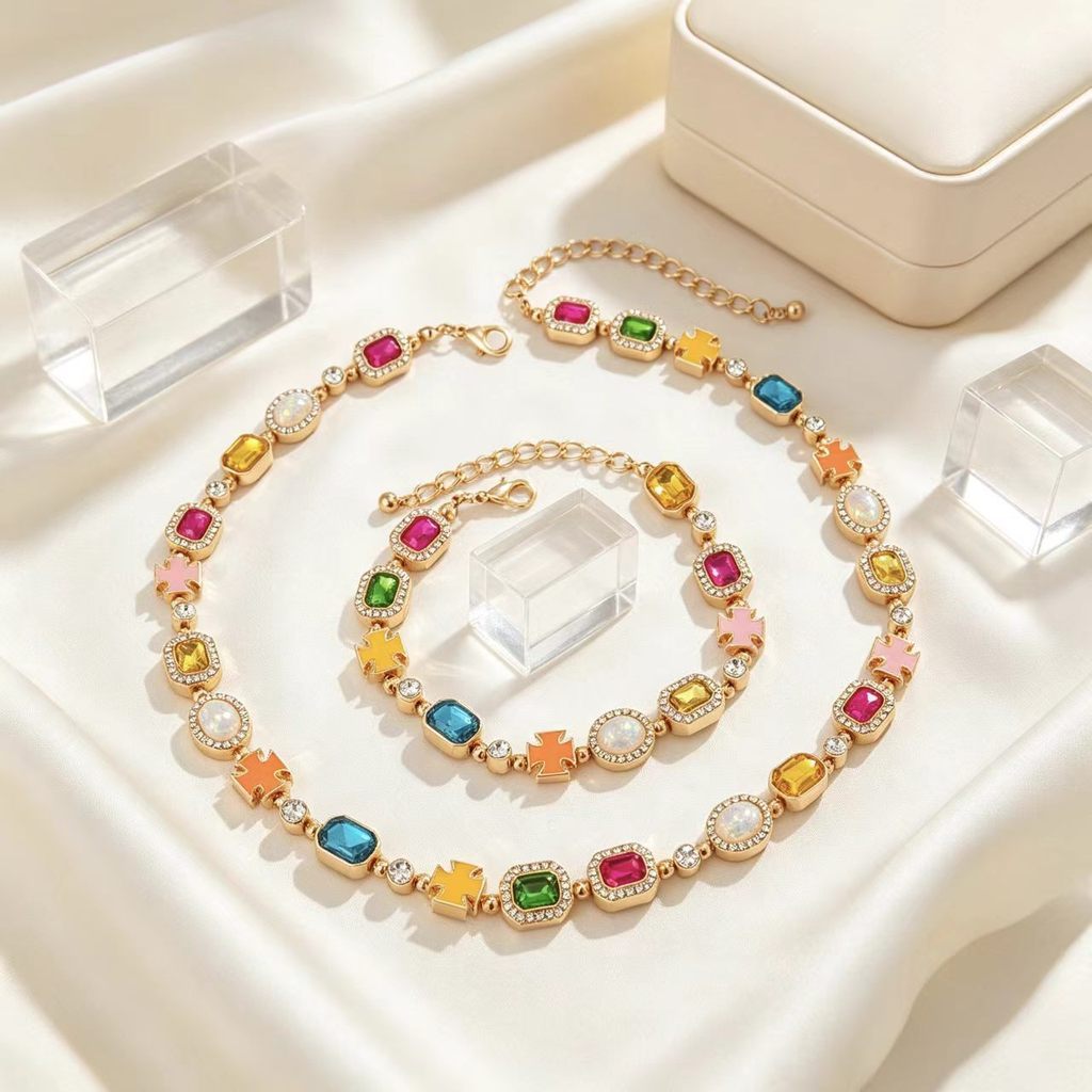Estilo colorido tesouro quadrado diamante pulseira colar conjunto luz luxo contraste cor cruz flor gotejamento óleo cost
