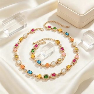 Estilo colorido tesouro quadrado diamante pulseira colar conjunto luz luxo contraste cor cruz flor gotejamento óleo cost