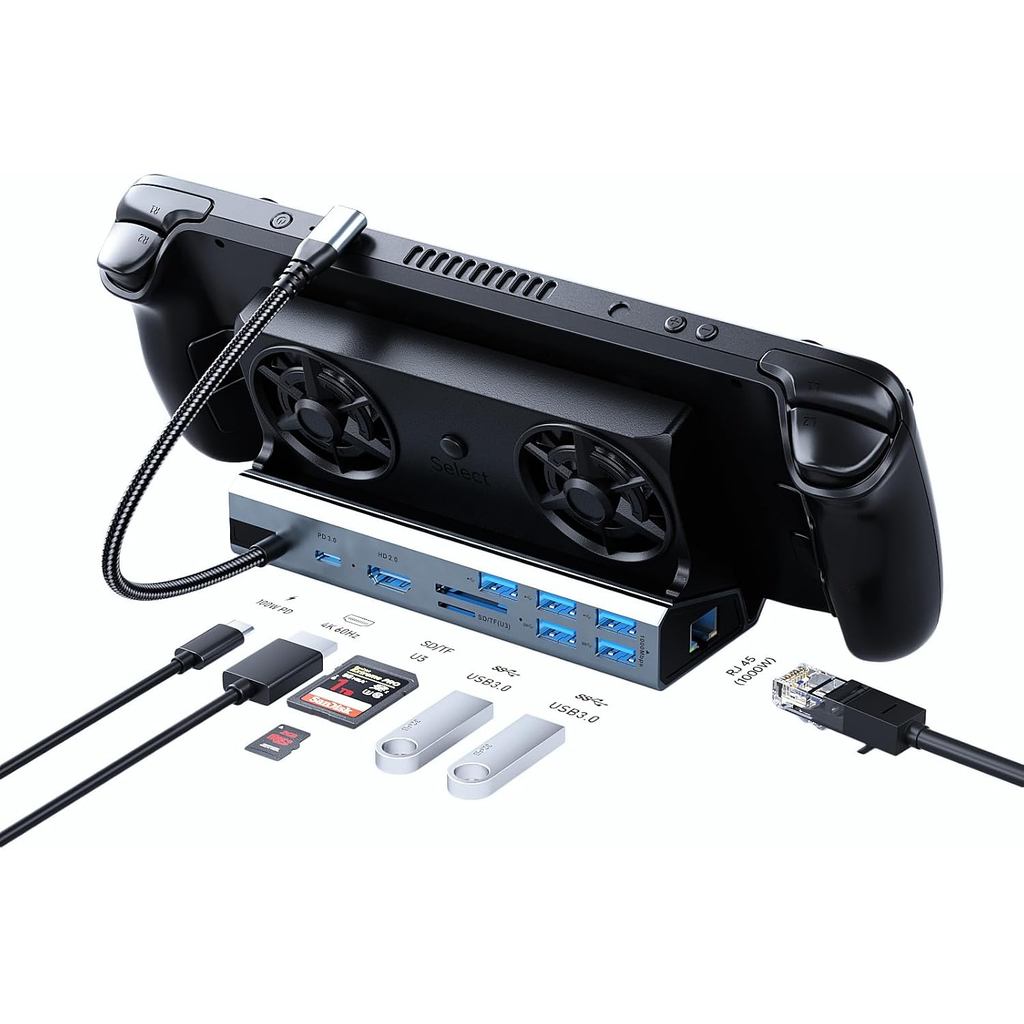 Estação de Acoplamento para Steam Deck/ROG Ally/Legion Go, Dock para Steam Deck com Ventilador Duplo 10 em 1. Ethernet d