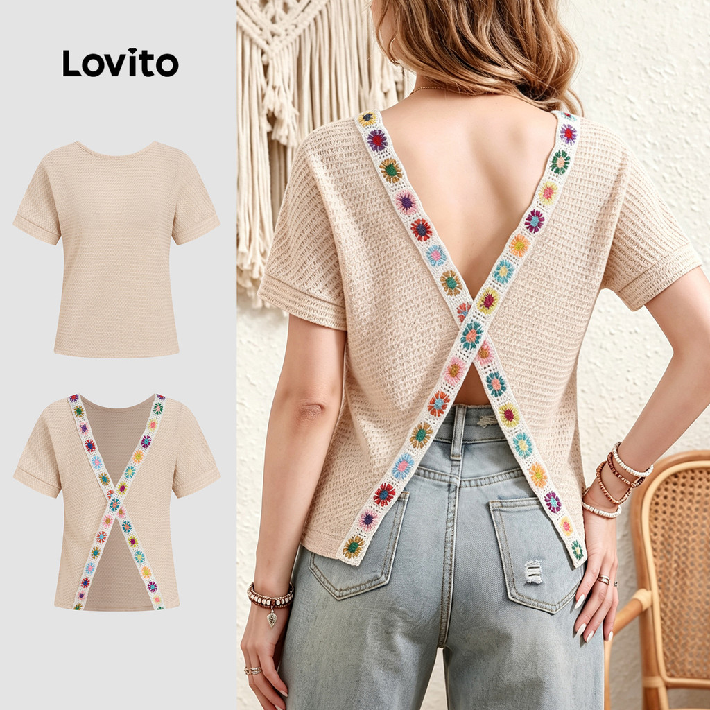 Lovito Blusa Boho Primavera/verão Camisa Cáqui Feminina LK7ED519