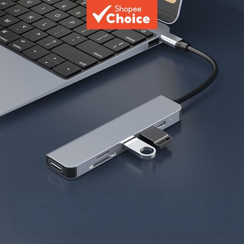 Adaptador Hub USB-C 6 em 1 com HDMI 4K compatível, carregamento PD 87W, leitor de cartões SD/TF para notebook