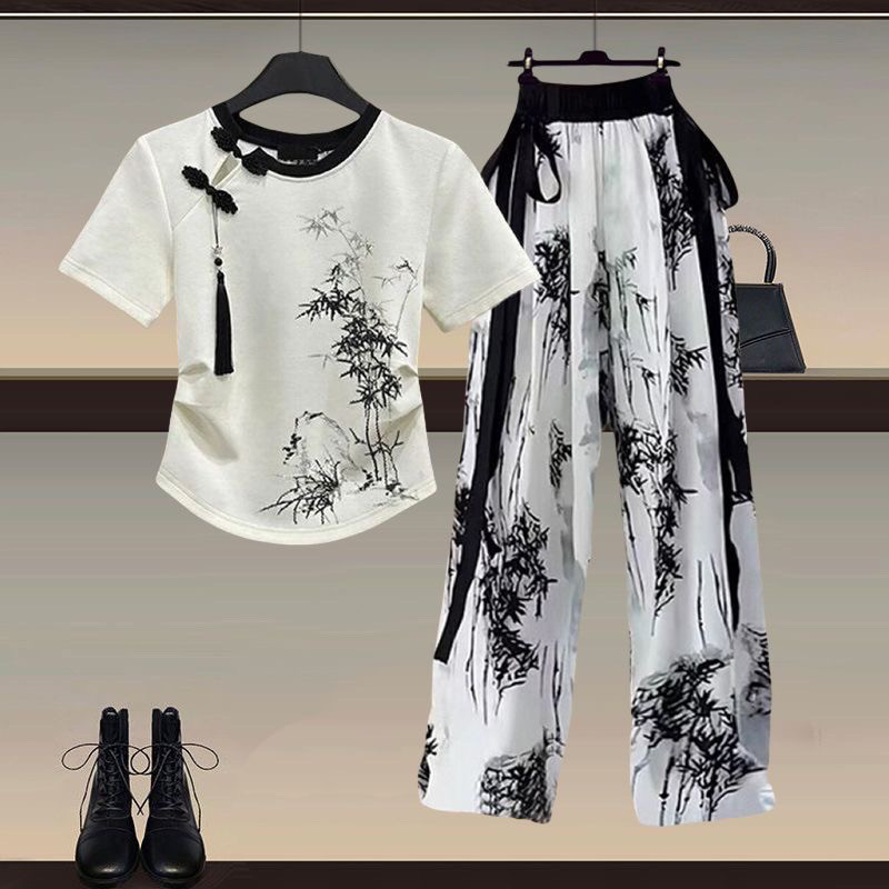 Roupas femininas novo estilo chinês roupas femininas usar um conjunto completo 2024 estilo chinês fivela camiseta estilo