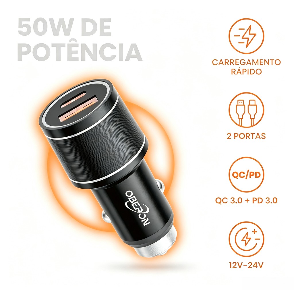 Carregador Veicular 50W 2 Portas Turbo USB-A e USB-C Car Charger Carga Rápida 3A Cabo Type-C para Smartphone e Tablet