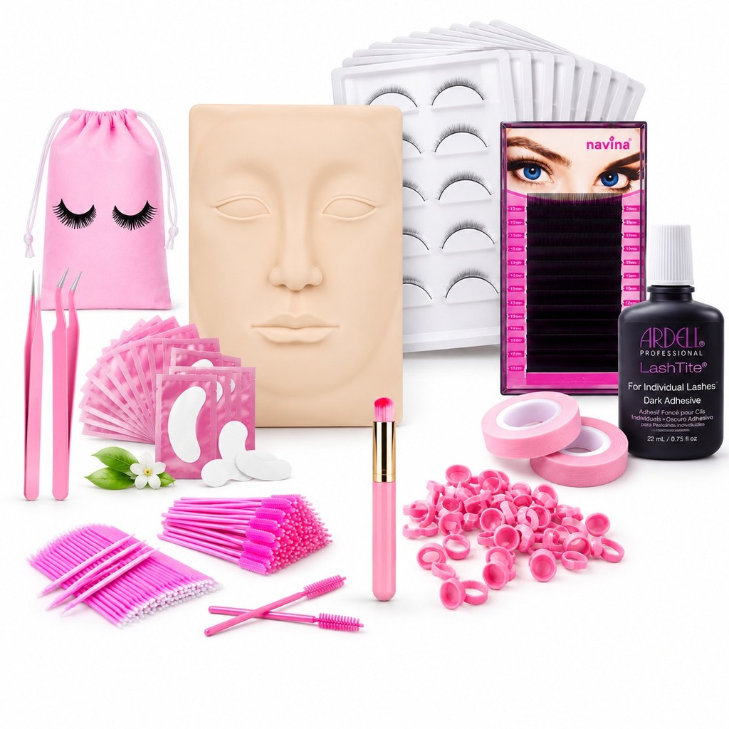 Kit Extensão de Cílios Completo com Rosto Treino Pinças Cilios Micropore Pads Cola e Bag