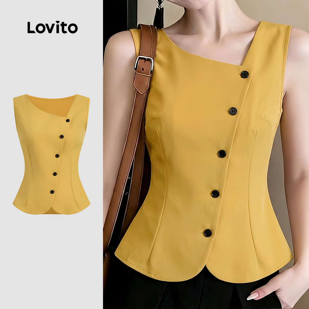 (New Arrival) Lovito para O Trajeto Assimétrica com Botões Frontais Amarela Prim