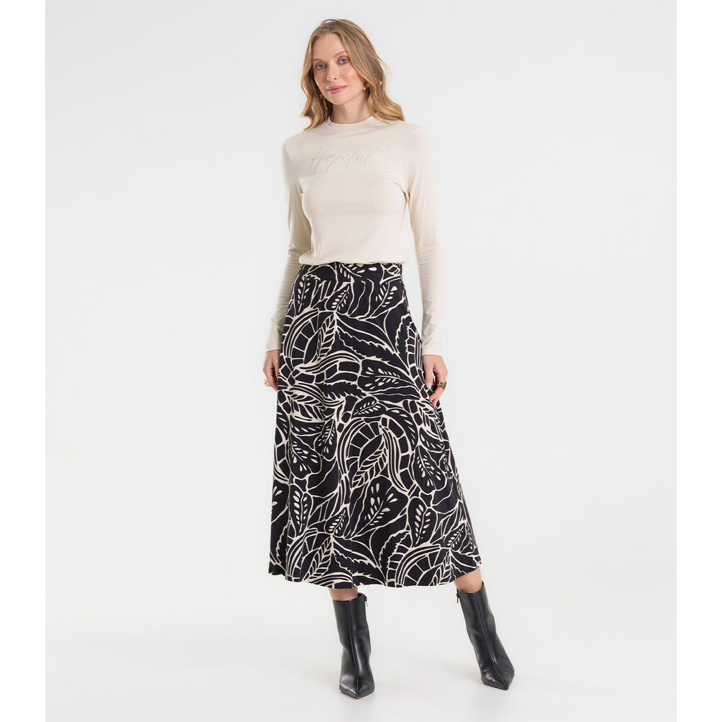 Saia Midi Feminina Em Viscotorcion Rovitex Preto