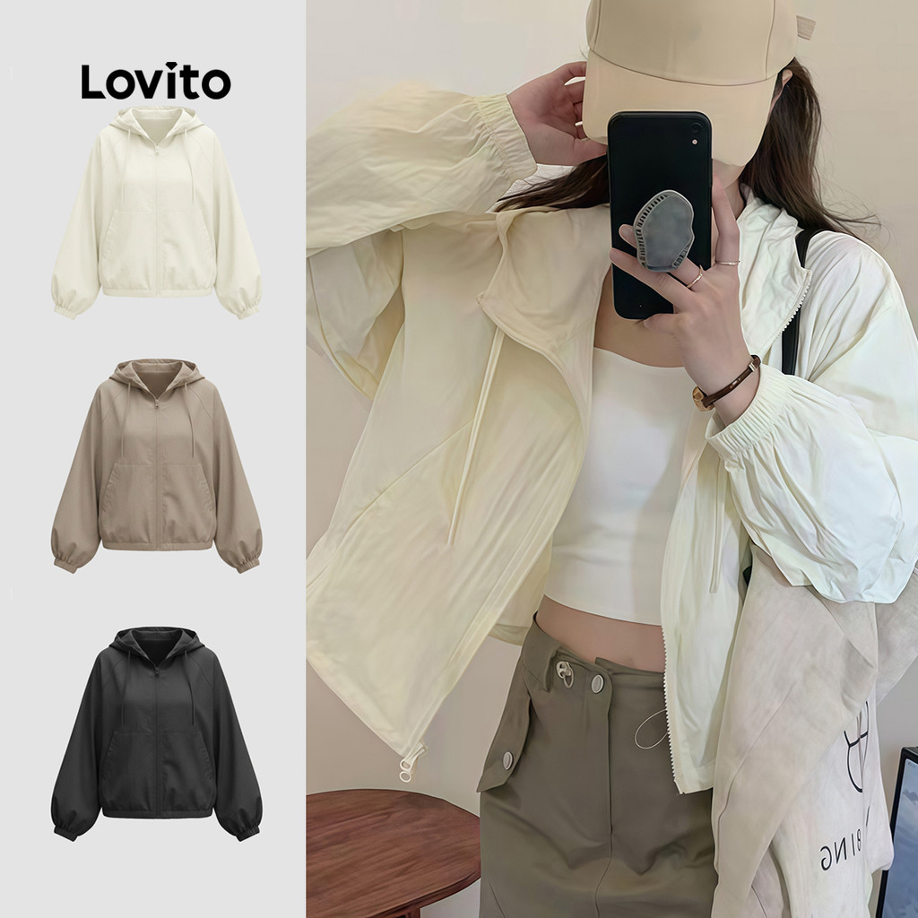 (New Arrival) Lovito Jaqueta Casual À Prova D'água Feminina Estilo Simples Khak