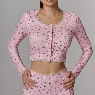 Feminino renda costura Casual confortável manga comprida Shorts de duas peças casa terno meia face Fle