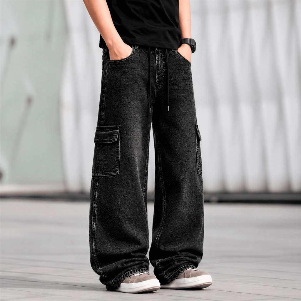 Calça Cargo Masculina 6 Bolsos Estilo Urbano Streetwear Wide Leg Sarja Skate Oversized Casual Utilitária Confortável