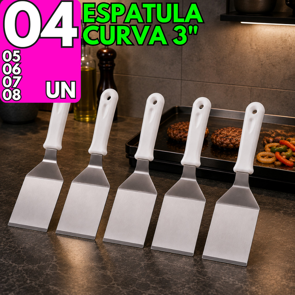 Kit 8/7/6/5/4 Espátula Curva Inox Chapeiro Cabo Branco Virador de Lanches Bolo Festival Fatias