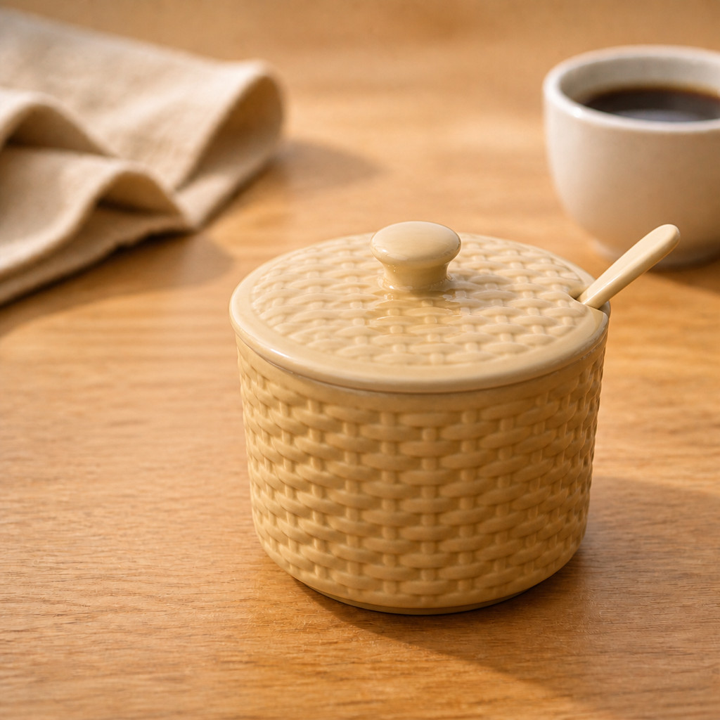 Açucareiro De Porcelana Com Tampa E Colher Rattan 290ml Hauskraft Premium